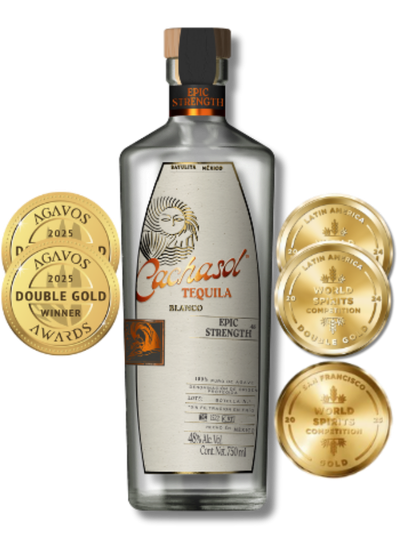 Cachasol Epic Strength Tequila award medals - Men's Journal Best Savory Tequila 2026, Double Gold Agavos International and Latin American Spirits Competition