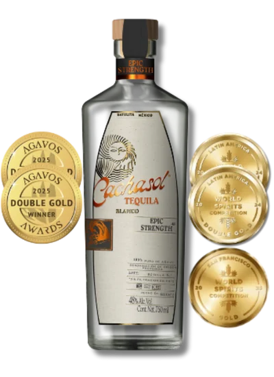 Cachasol Epic Strength Tequila award medals - Men's Journal Best Savory Tequila 2026, Double Gold Agavos International and Latin American Spirits Competition