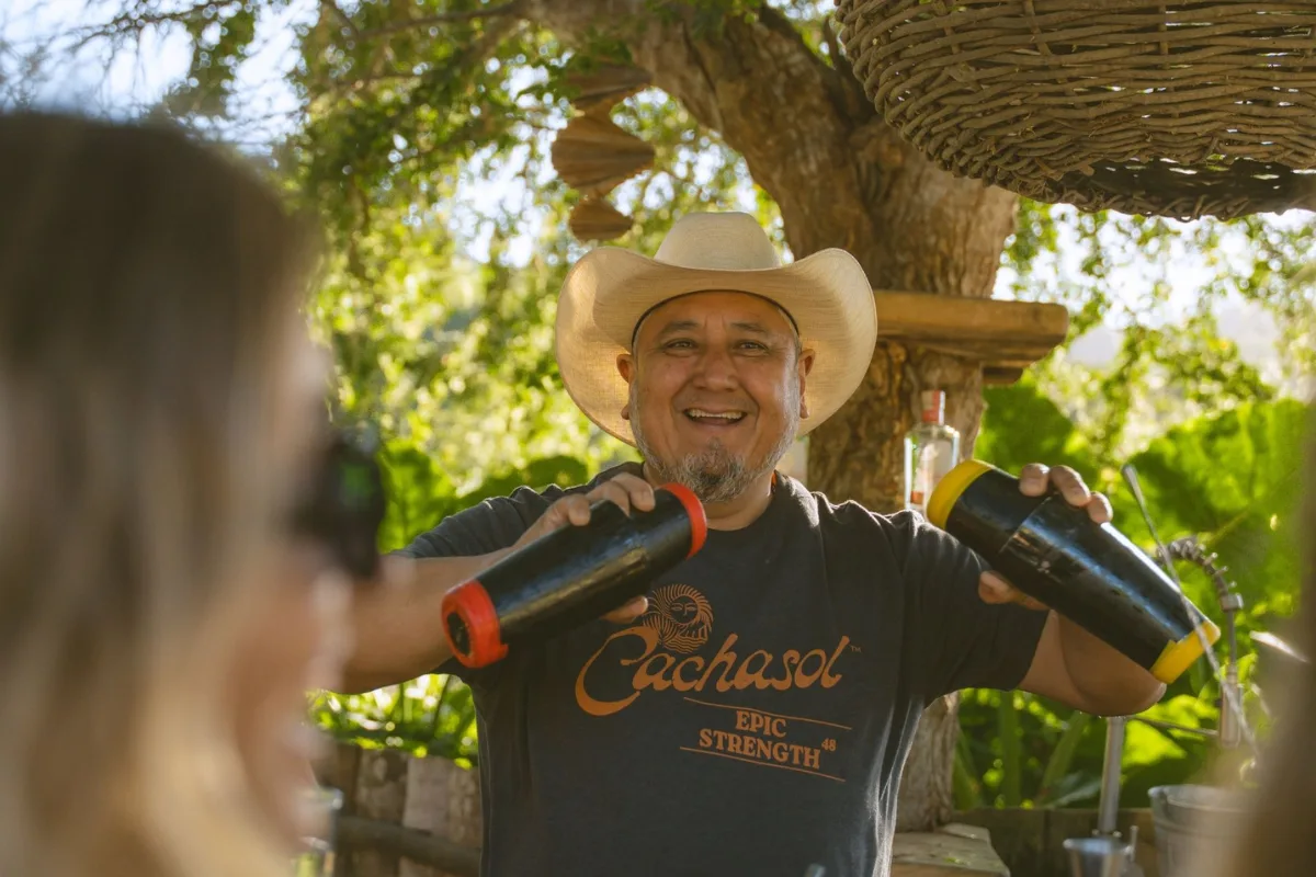 Bartender preparing cocktails at Cachasol Farm Distillery tequila tasting, Sayulita Nayarit